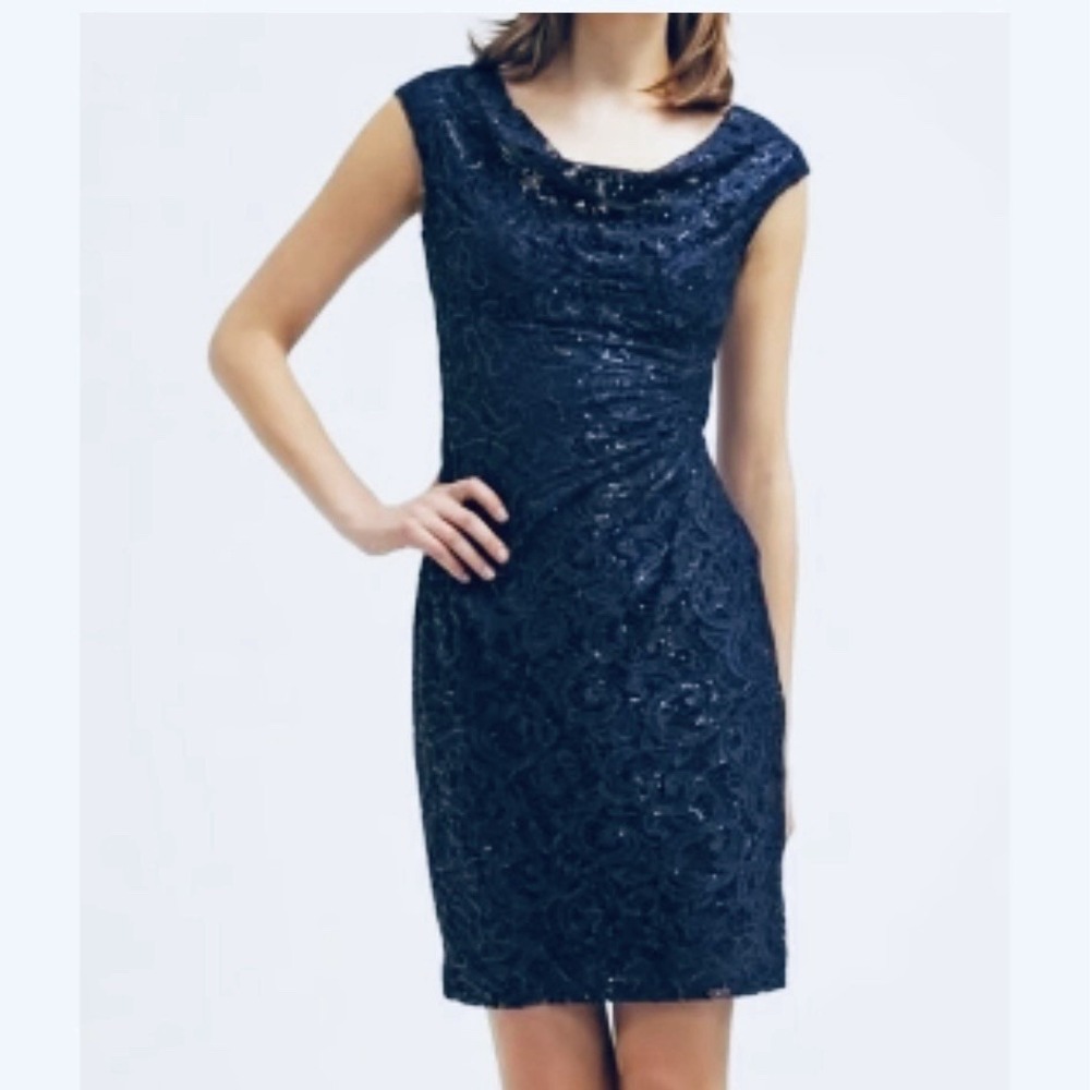 Ralph Lauren Navy Blue Sequin Lace Cowl Neck‎ Sheath Sleeveless Dress Size 10
